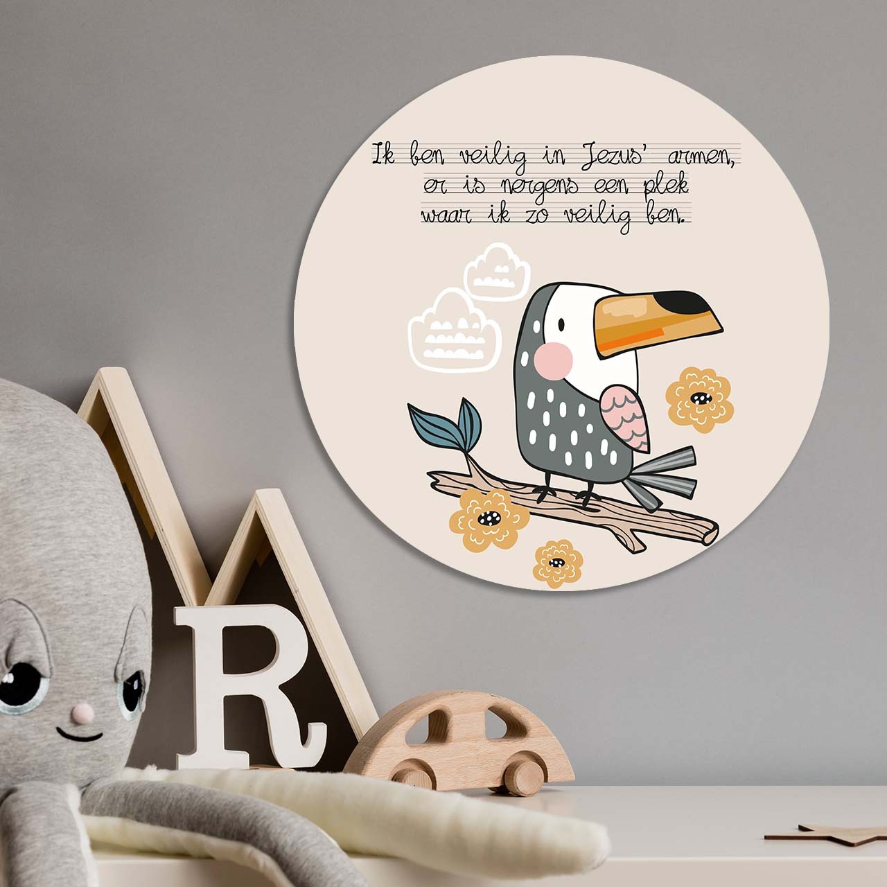 images Kinder muurcirkel 'Veilig in Jezus' armen' - 30 cm - MA39232 - Wanddeco bij MajesticAlly