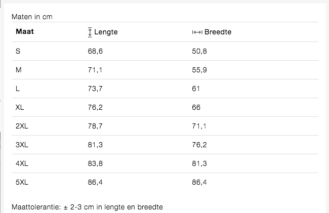 Maattabel hoodies Maattabel hoodies